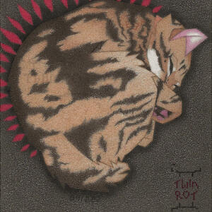 A cropped version of a traditional art piece we created of our beloved bobtail cat, Honni.