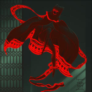 A cropped version of a digital fan art piece we created of a red cloak wayfarer from Journey.
