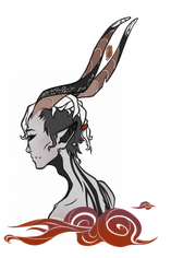 Canine of warm colours headshot side-view facing left snarling to show big, long teeth, with smaller mouths hidden throughout the fur of the head and neck. The canine is wearing a muzzle harness with teeth design on it. The background has a red silhouette